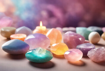 Wall Mural - Beautiful quartz crystal on a colorful background - AI generated