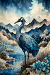 A crane with lakes and mountains in the background drawn in the style of ancient traditional Chinese art, sharply detailed and refined, an overall blue hue with blue alcohol Ink