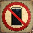 Vintage-style no cell phone sign, a mobile device within a prohibited symbol, weathered and sepia-toned, suitable for messaging about technology boundaries or disconnecting from digital devices