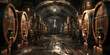 A dark wine cellar with rows of wooden barrels,