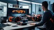 An automotive design studio with augmented reality interfaces showing car prototypes and modifications