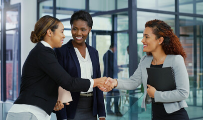 Aufkleber - Partners, handshake and agree on plan for welcome, deal and thank you for merger at finance firm. Business people, greeting and b2b for support in office, b2b and hiring or onboarding for business