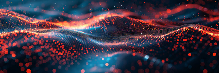 digital network connections, Abstract blue pink wave with glowing dots on dark background,digital technology concept banner for data science , futuristic, banner
