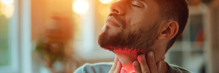 Selective focus of Caucasian man having neck pain inside home.