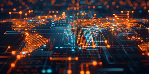 Poster - A digital map of the world made up of glowing data points and circuitry,  global network connectivity