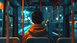 A boy sits alone on a bus at night, looking out the window.
