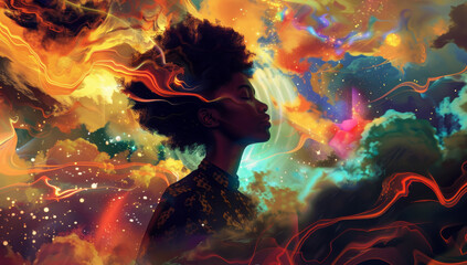 Black woman, clouds or space of mind, universe or thinking, question or idea of psychology wallpaper. Afro, girl or galaxy of energy, flow or stars as dream, wonder or magic of spiritual mindfulness