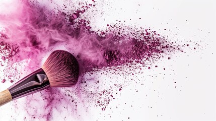 Wall Mural - A makeup brush with pink powder on it, flying in the air, with a white background and wood handle. Generated by artificial intelligence.