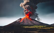 Spectacular volcano eruption with lava floating from the mountain and black smoke rising to the sky.