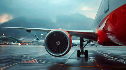 Close up of airplane engine in airport, landing soon. Trip and travel.