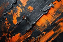 Closeup Of Abstract Rough Dark Orange Black Art Painting Texture, With Oil Acrylic Brushstroke, Pallet Knife Paint On Canvas