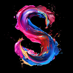 Letter S uppercase. Colorful paint splash on black background