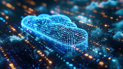 Poster - Close-up of a digital lock icon securing a cloud database  with binary code streaming in the background