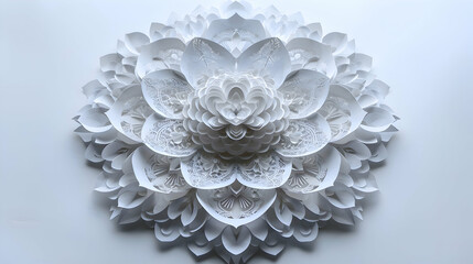 An intricate paper art mandala, featuring complex patterns in a monochrome scheme on a stark white background