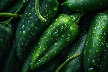 Poster - Food photography background texture - Closeup of ripe green jalapenos peppers with waterdrops, top view