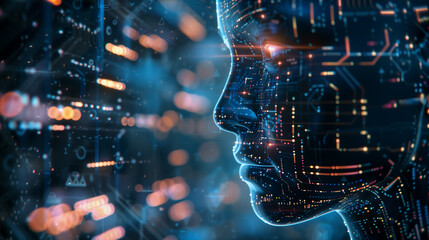 Poster - a computer-generated face with a blue background. the face is surrounded by a lot of lines and dots,