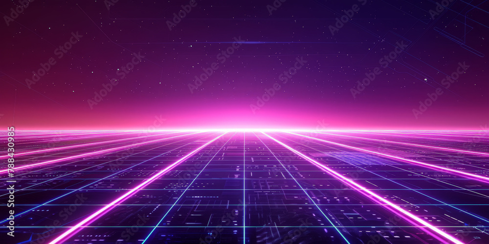 A retro synthwave background with neon grid lines and purple, blue and ...