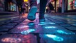 Close-up of a guerilla marketing setup in an urban setting with mysterious brand messages projected on sidewalks