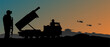 Vektor Silhouette Flugabwehr - Raketensystem - Panzer und Hubschrauber - Feuerleitstand zur Abwehr von Raketen, Drohnen, Flugzeugen, Marschflugkörpern und ballistischen Raketen - Konflikt