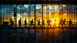a group of construction workers are walking across a bridge at sunset