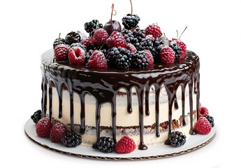 Wall Mural - A large chocolate cake with berries and dripping chocolate