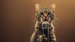 Digitally edited image featuring a cat with human-like traits, holding a microphone as if ready to perform