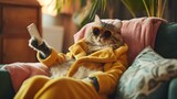 Cute anthropomorphic cat lounging on a sofa in casual wear and sunglasses, scrolling through a smartphone