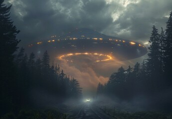 Wall Mural - a large flying saucer hovers with its light hovering over the road