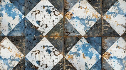 Old blue white rusty vintage worn shabby patchwork lozenge diamond rue motif tiles stone concrete cement wall texture background