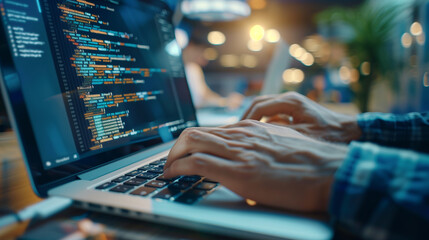 Poster - A man is typing on a laptop computer. The screen is filled with code and the man's fingers are moving across the keyboard. Concept of focus and concentration as the man works on his computer