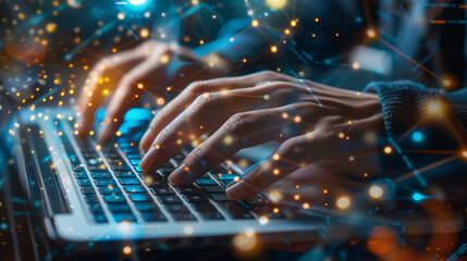 Poster - A man is typing on a laptop computer. The screen is filled with code and the man's fingers are moving across the keyboard. Concept of focus and concentration as the man works on his computer
