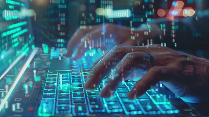Poster - A man is typing on a laptop computer. The screen is filled with code and the man's fingers are moving across the keyboard. Concept of focus and concentration as the man works on his computer