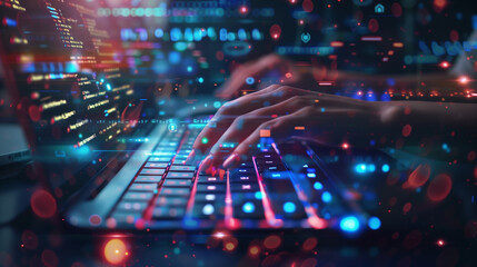Poster - A man is typing on a laptop computer. The screen is filled with code and the man's fingers are moving across the keyboard. Concept of focus and concentration as the man works on his computer