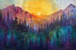 Modern abstract art acrylic oil painting of mountains landscape, forest with fir trees deer and sunrise in the morning