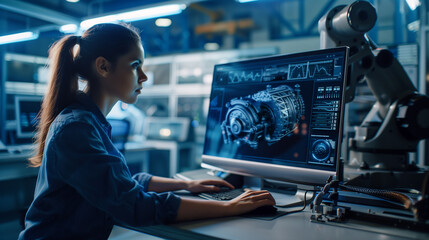 Wall Mural - A woman is working on a computer. She is typing on a keyboard and she is focused on her work. Concept of productivity and concentration, as the woman is engaged in her task