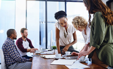Poster - Diversity, colleagues and conversation in office with tablet, research or browse for business strategy in collaboration. Teamwork, online or web design and technology, project planning or partnership