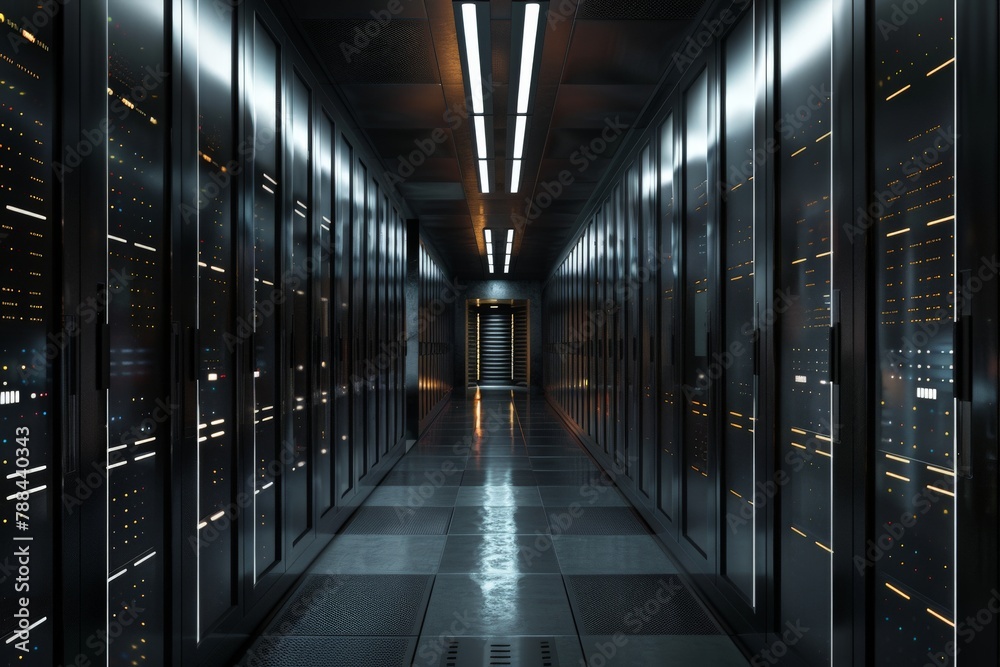 photo of a modern data center vault, filled with rows of servers and ...