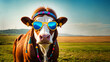 Hippie cow rebel with headband and the coolest blue shade sunglasses with flower earrings, colorful beaded necklace and standing outside in a rural countryside field on a warm summer day.