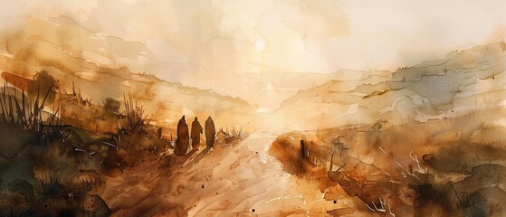 Artistic watercolor depiction of the path to Emmaus