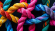 Rainbow, color and and knot of rope with pattern, bundle and texture for climbing, safety or strong connection. String, thread or yarn on wallpaper with abstract textile, lines and woven diversity