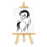 Fototapeta Młodzieżowe - Croquis d’un cheval fougueux, rapidement dessiné au crayon noir sur une toile posée sur un chevalet.