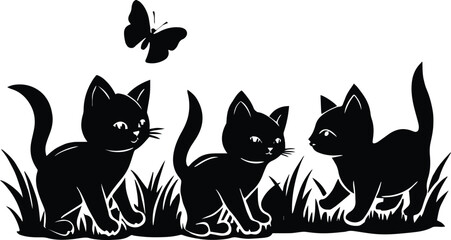 black and white illustration of three cats and a butterfly.