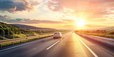 Wall Mural - A scenic highway with a family car driving towards a sunset or sunrise. 