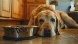 Fototapeta  - Old labrador retriever dog waiting for feeding lying on the floor near bowl in home. AI generated