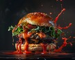 A succulent hamburger with a vivid splash of sauce, showcasing the contrast of textures and colors