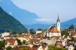 Schwyz city in swiss Alps mountain valley, Switzerland