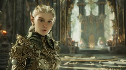 An elf warrior in 3D, equipped with ornate armor, standing in a fantasy realm