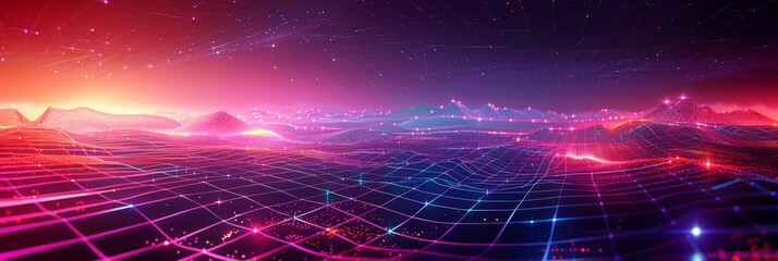 Wall Mural - A retro synthwave background with neon grid lines and purple, blue and pink light rays.  '80s aesthetic with glowing geometric patterns and grid structures. Retro Sci-Fi Background Futuristic Grid 