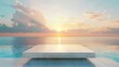 Oceanfront glass podium with a sunrise horizon, perfect for serene wellness product placement