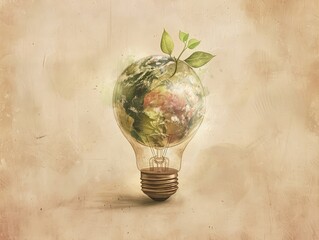 Wall Mural - Detailed illustration of a lamp bulb cradling a globe, leaves sprouting, in soft